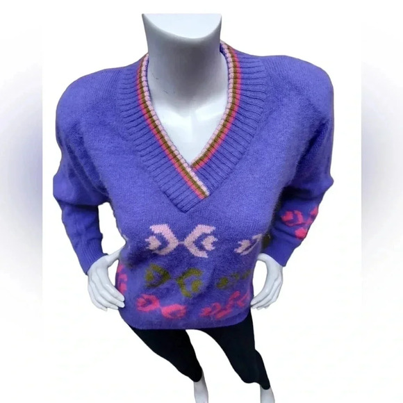 Izod Vintage Angora Wool Blend Purple V Neck Sweater  Size Medium - Picture 4 of 8
